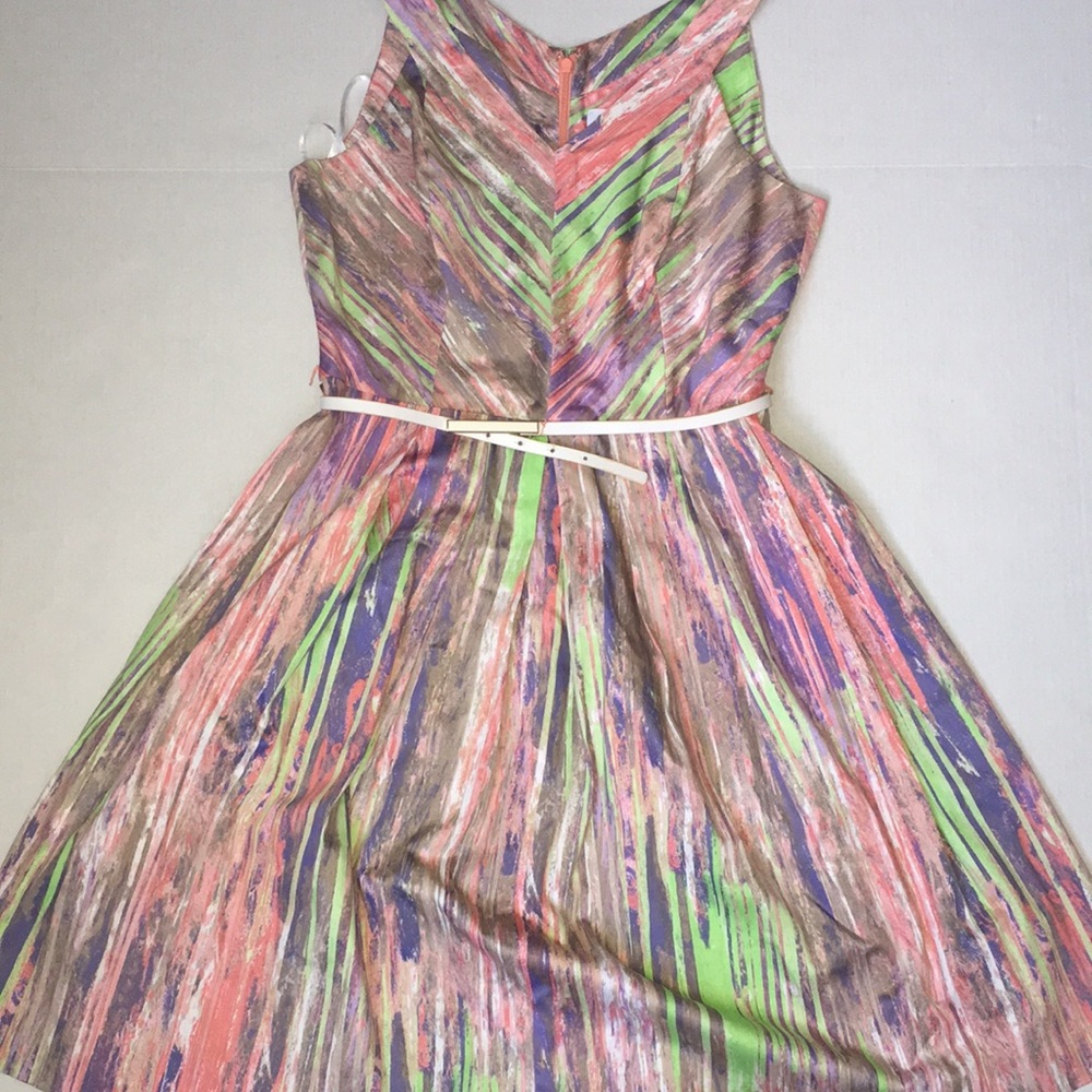 Calvin Klein Belted A-Line Sleeveless V-Neck in Pastel Print Dress | Size 8